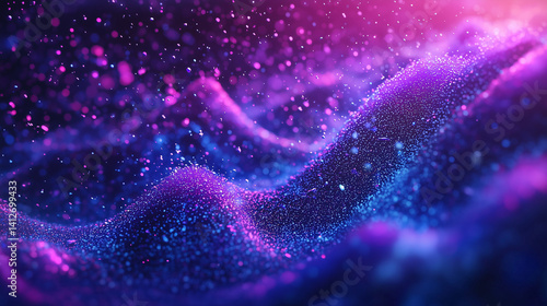 3D render, abstract background with purple and blue glowing particles waving. --ar 9:5
