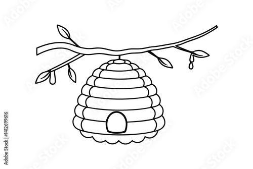 Hand Drawn Beehive Hanging From Branch With Honey Drips Outline
