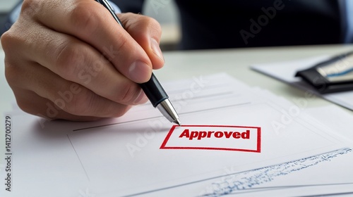 Close-up of Hand with Pen Marking 'Approved' on Document Shows Acceptance