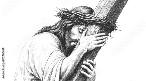 Artistic monochrome rendering of Jesus carrying the cross, retro sketch style emphasizing strength and forgiveness