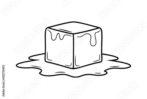 Simple Outline Illustration Of Melting Ice Cube With Water Puddle
