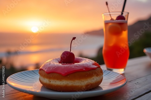 Sunset-Orange and Cherry Glazed Donut with Fruit Punch Overlooking Coastal Sunset