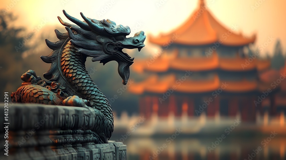 Fototapeta premium Elegant Dragon Sculpture with Traditional Pagoda in Serene Chinese Setting