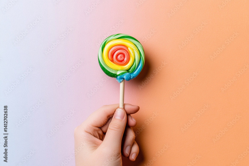 Hand holds colorful lollipop with vibrant swirls against a pastel background, capturing a sweet moment of joy Hand holds colorful lollipop with vibrant swirls against a pastel background, capturing a sweet moment of joy