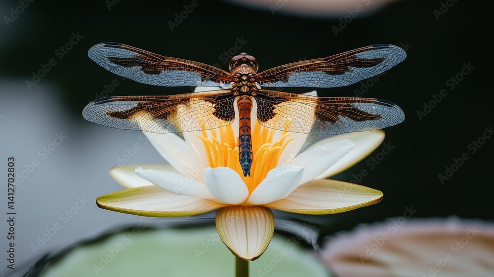 Fototapeta premium A serene and reflective water scene features a dragonfly resting on a lotus