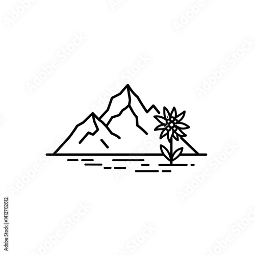Swiss Alps with outline drawing of edelweiss flower