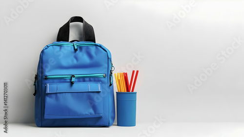Blue Backpack With Stationary Supplies On Light Gray Background