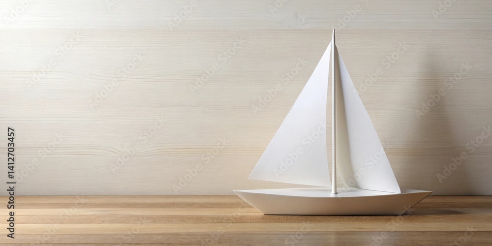 A Minimalist White Sailboat Model on a Light Wooden Surface A Minimalist White Sailboat Model on a Light Wooden Surface