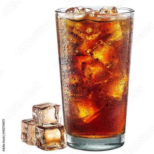 Iced tea with condensation and ice cubes visible, isolated PNG format, transparent background, high-resolution, suitable for stock image use --v 7.0