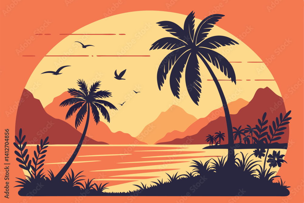 14 Retro sunset landscape, circular composition, tropical beach silhouette, palm trees, mountains, vibrant orange and yellow sky, gradient colors, minimalist design, vector art style, flat illustratio 14 Retro sunset landscape, circular composition, tropical beach silhouette, palm trees, mountains, vibrant orange and yellow sky, gradient colors, minimalist design, vector art style, flat illustratio