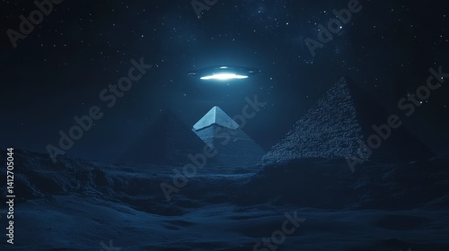 Mysterious Encounter in the Cosmos: A luminous, unidentified flying object hovers above an enigmatic pyramidal structure amidst a celestial tapestry of stars.