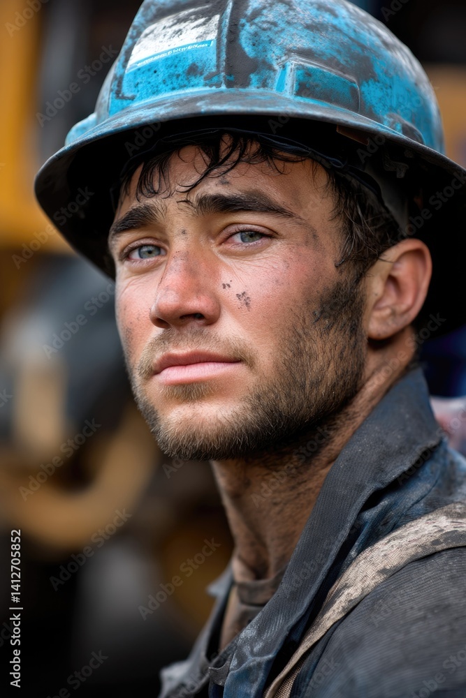 portrait of a coal mining worker, sweaty and tired, coal dust on face portrait of a coal mining worker, sweaty and tired, coal dust on face