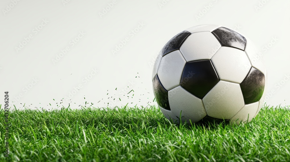 Obraz premium A soccer ball sits on the grass as blades of grass appear to fly around it, symbolizing movement and vigor