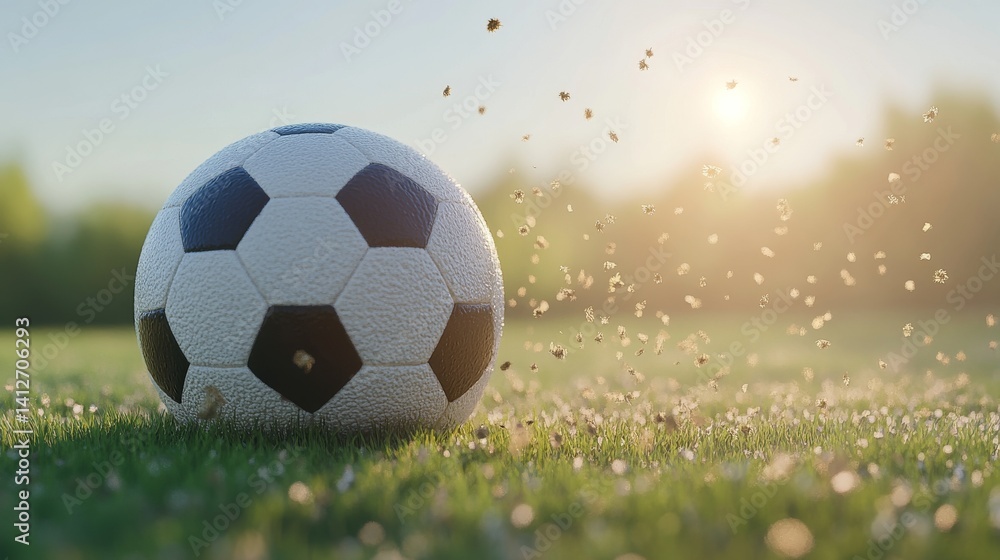 Naklejka premium A soccer ball resting on the grass is surrounded by flying blades, which serve to convey a strong sense of motion and dynamic energy