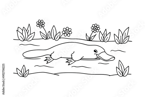 Cartoon Platypus Swimming In River Among Flowers Illustration Design Element