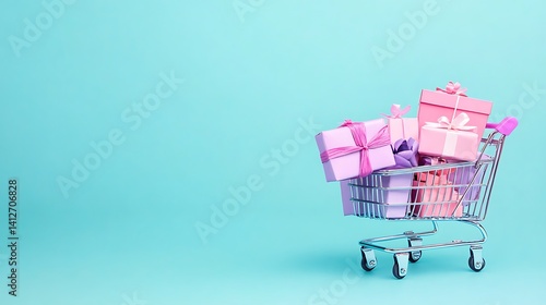 Colorful Shopping Bags and Cart on Minimalist Blue Background for Online Retail and E-commerce