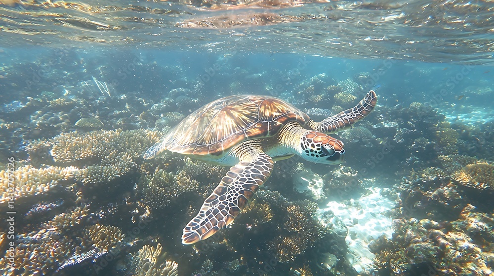 Naklejka premium Underwater sea turtle swimming over coral reef.