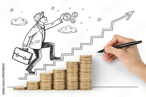 Business Growth Concept with Coins and Hand-Drawn Success Illustration
