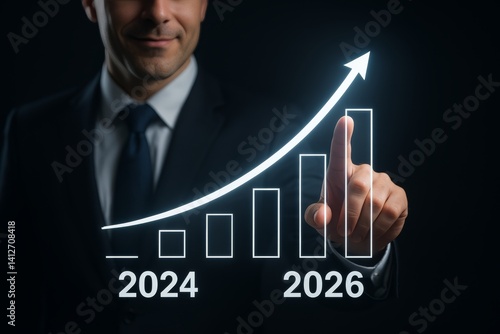 Businessman Pointing at Upward Trend Graph for 2024 to 2026 Growth Analysis