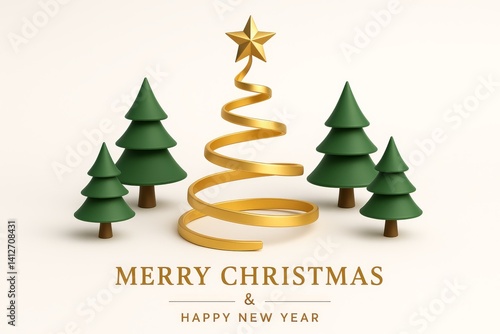 Christmas Tree Design With Spiral Gold Decoration and Green Trees for Festive...