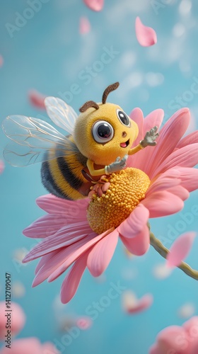 3D Cartoon Bee Flying with a Flower in Its Hands
