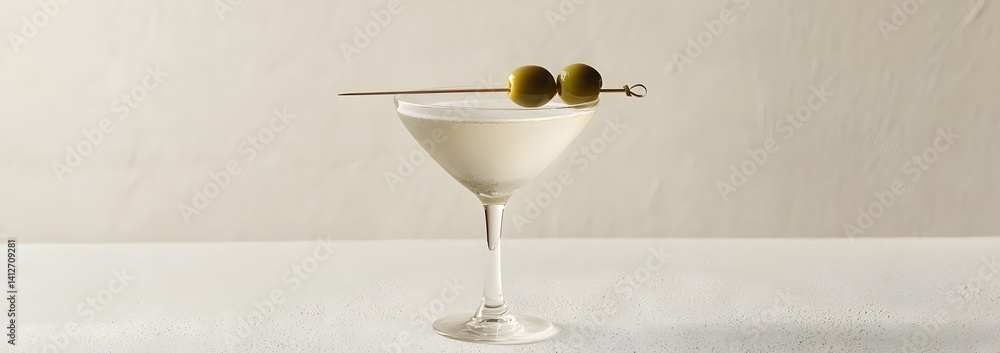 Classic Martini with Green Olives in a Chilled Glass on White Background
