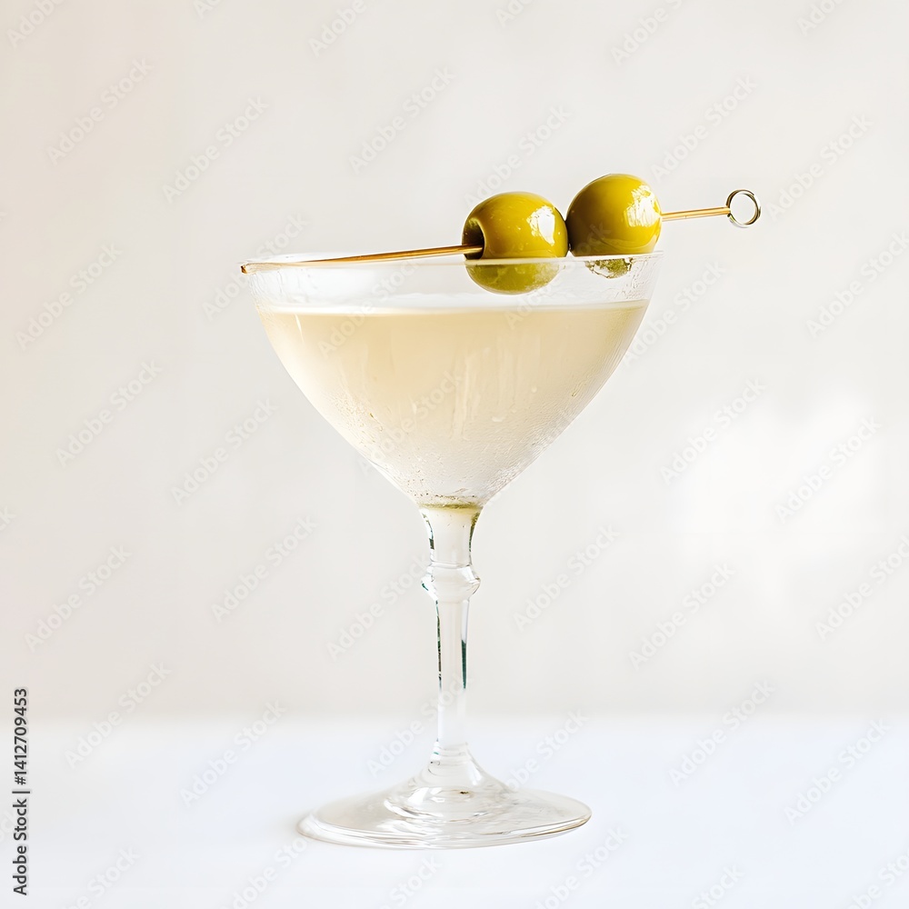 Classic Martini with Green Olives in a Chilled Glass on White Background