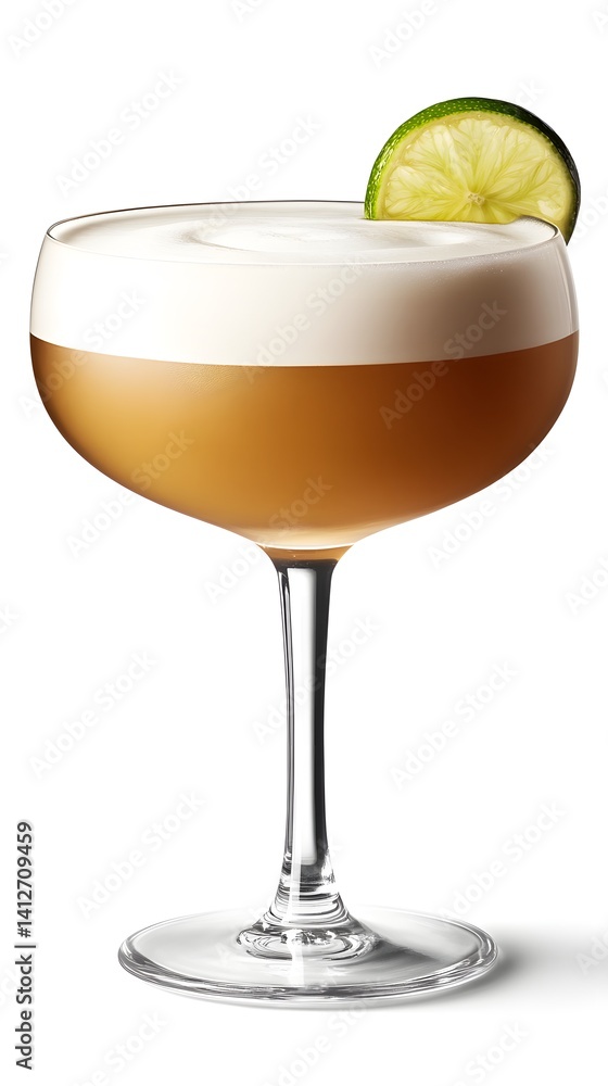 Daiquiri Cocktail in a Coupe Glass with Lime Slice on White Background
