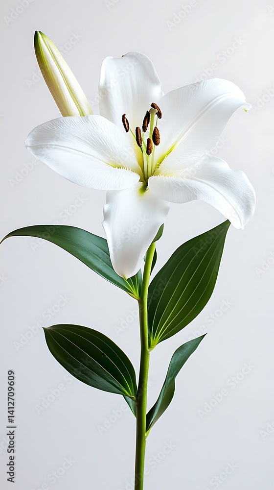 Obraz premium Blooming White Lily Flower with Green Bud Stem Leaves on Isolated Background