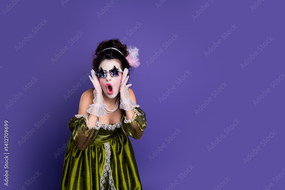 Elegant young woman in luxurious baroque costume with vibrant accessories on a vibrant purple background Elegant young woman in luxurious baroque costume with vibrant accessories on a vibrant purple background
