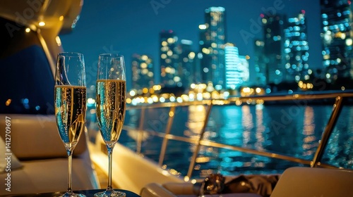 Fototapeta Naklejka Na Ścianę i Meble -  A yacht party with champagne and city lights in the background