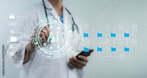 Doctor uses a digital interface to manage AI-driven folders and medical files, reflecting futuristic automation, healthcare data management and smart file organization in a secure system