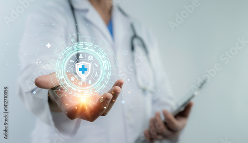 Digital shield icon hovers over a doctor's hand, symbolizing medical data protection, healthcare privacy standards and secure access in modern medical technology platforms
