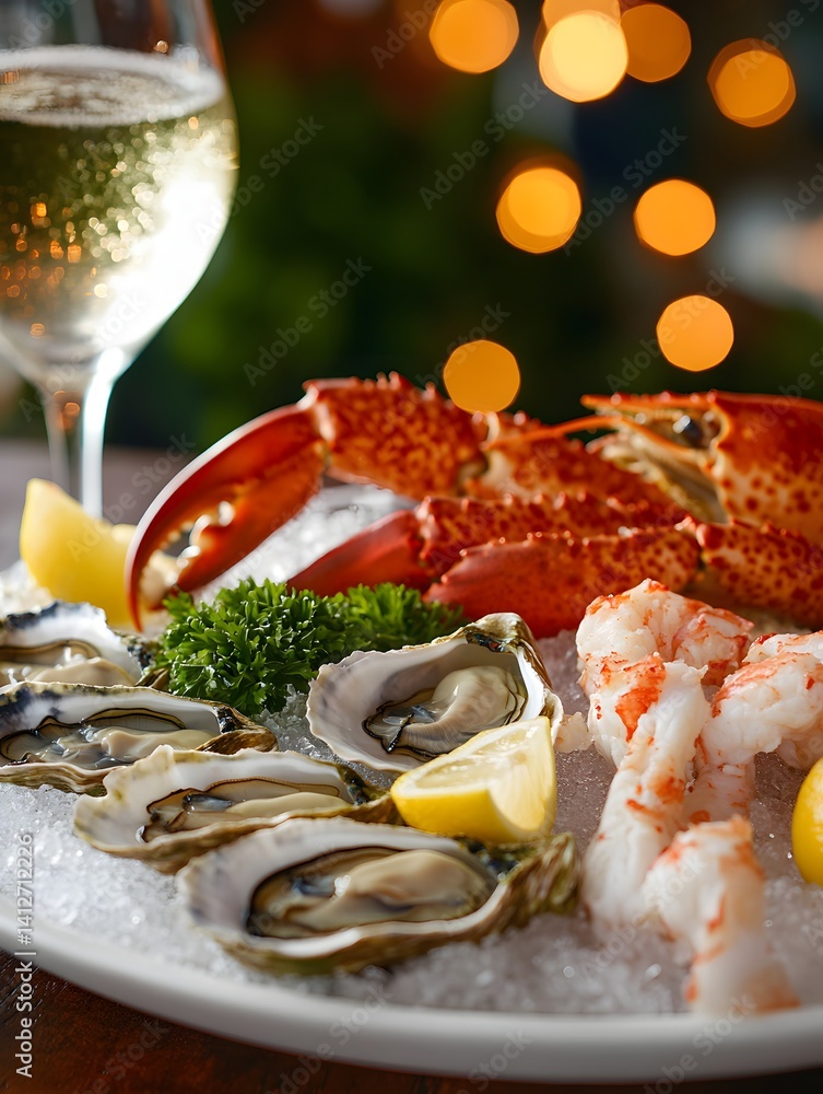 Luxury Seafood Platter with Fresh Oysters, Lobster, and Lemon Wedges