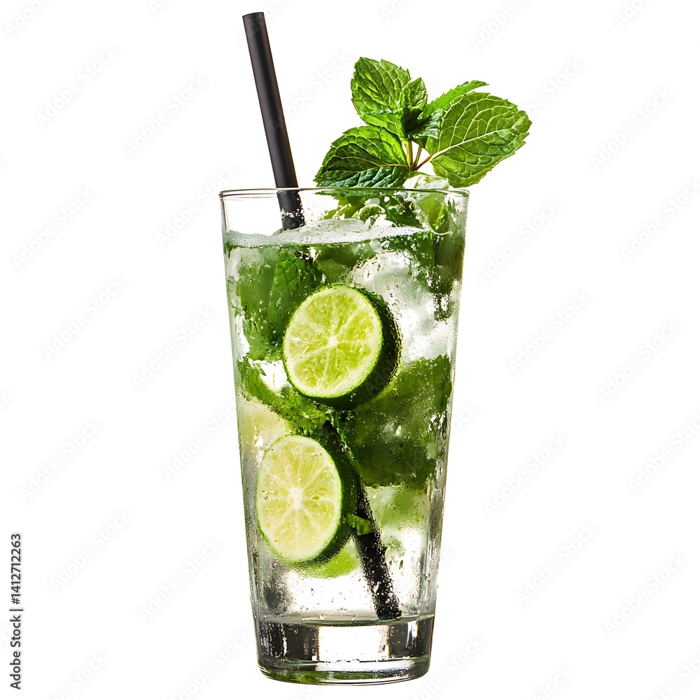 Mojito Cocktail in a Highball Glass with Mint and Lime on White Background