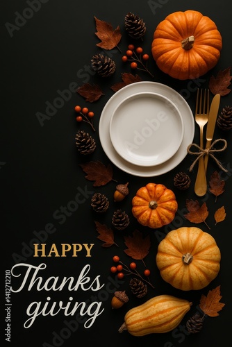 Thanksgiving Table Setting With Pumpkins, Leaves, and Decorative Elements for...