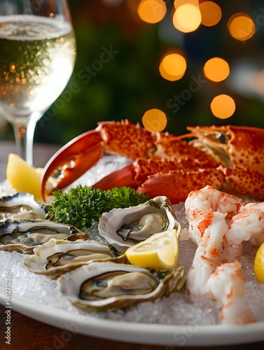 Obraz na płótnie Luxury Seafood Platter with Fresh Oysters, Lobster, and Lemon Wedges w salonie