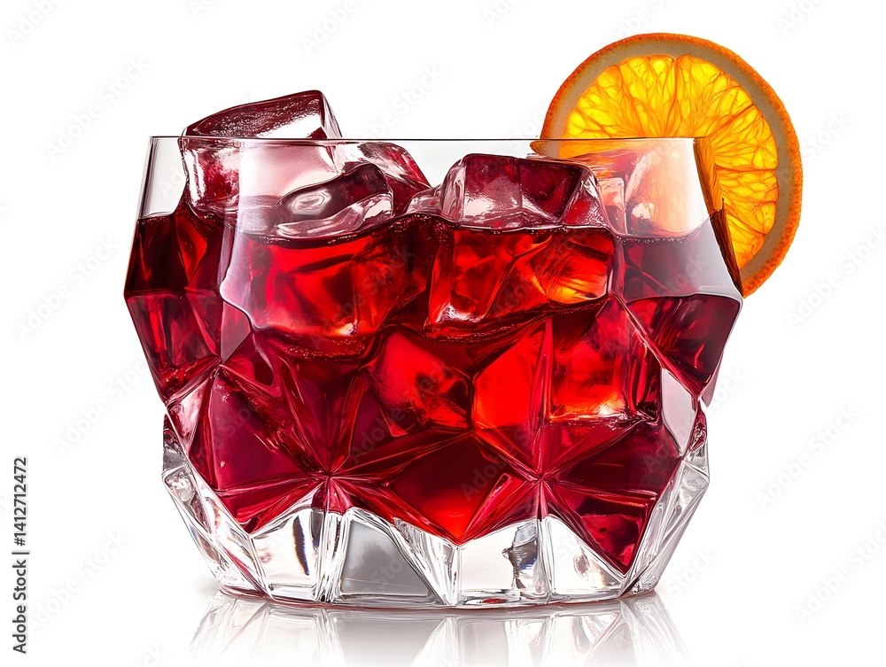 Negroni Cocktail in a Crystal Glass with Orange Garnish on White Background
