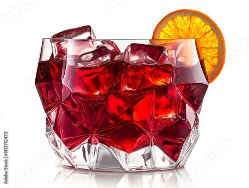 Obraz na płótnie Negroni Cocktail in a Crystal Glass with Orange Garnish on White Background w salonie