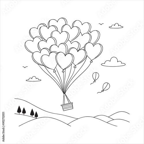 Heart Shaped Balloons Carrying Basket Vector Illustration for Romantic Adventure and Valentine Concept