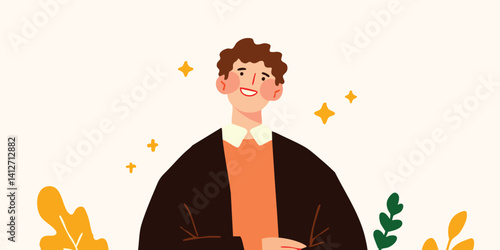 A charming illustration of a young man with cheerful expression. The character is depicted with an expressive face, creating an approachable atmosphere.