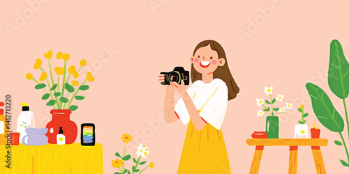 A woman photographer captures a moment with her camera, amidst a charming and vibrant setting with a backdrop of lush floral arrangements and various objects.