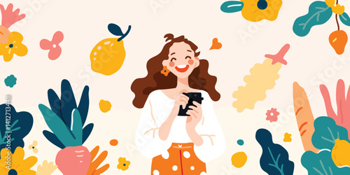 Happy woman with phone surrounded by colorful plants and fruits illustration.