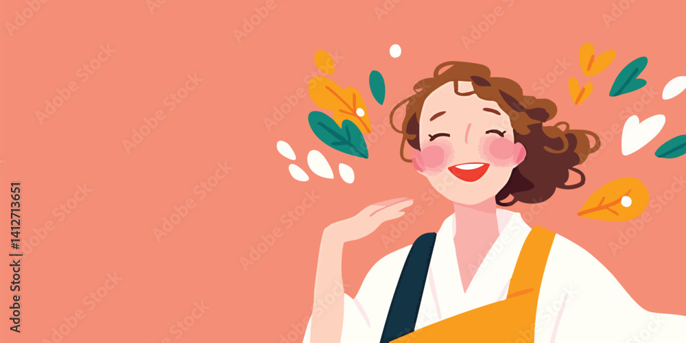 An illustration of a joyful woman surrounded by a floral explosion in a vibrant expression of positivity. An illustration of a joyful woman surrounded by a floral explosion in a vibrant expression of positivity.