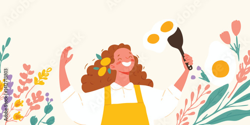 A cheerful woman in a bright kitchen, joyfully flipping a perfectly cooked egg in a stylized illustration that evokes the delight of cooking and fresh ingredients. 