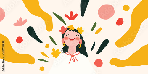 A cheerful woman adorned with flowers, radiating happiness and surrounded by colorful organic shapes, evoking a sense of joy and positivity.