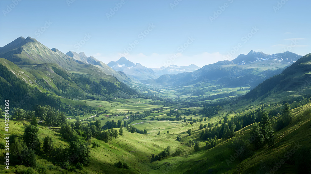 Fototapeta premium Panoramic View Of Lush Green Valley Between Mountains