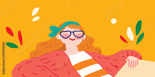 A relaxed and stylish woman, sporting eyeglasses and a vibrant outfit, exudes a cheerful demeanor. Illustrated in a flat style.