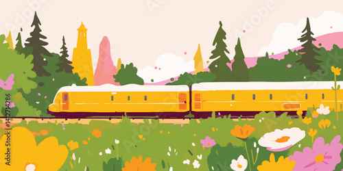 Yellow train rides through ...
