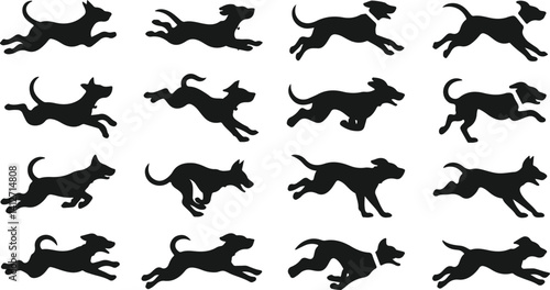 Silhouettes of dogs in full sprint dynamic running poses, active canine motion, energetic pet illustration, fast movement vector